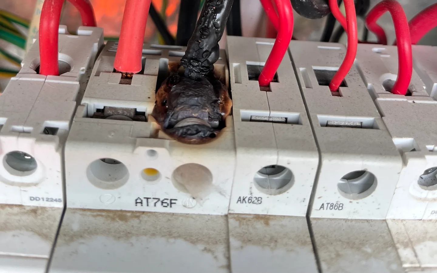 A melted circuit breaker terminal found during a fault-finding call-out